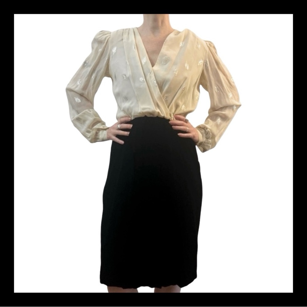 1950’s Elegant Wiggle Dress in a Black Velvet & Slinky Cream Shimmery Top, Small